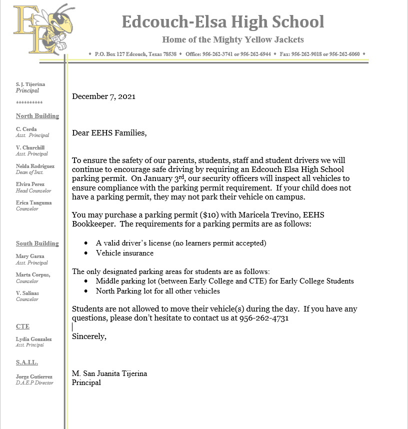 EEHS Parking Permit Guidelines