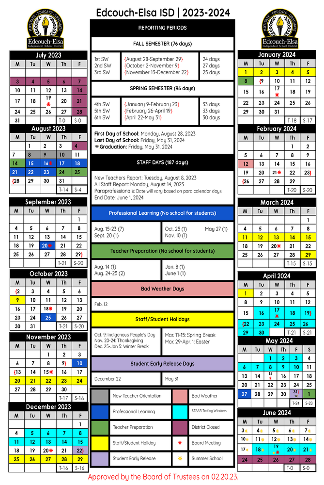 New Academic Calendar 2023 2024 Edcouch Elsa ISD